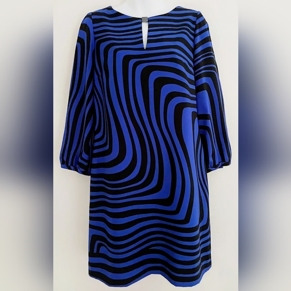 NWT, TAHARI Royal Blue & Black, Wavy Stripe, Sheath Dress, Size 12 - Picture 2 of 14
